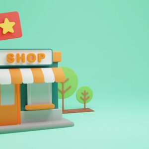 a small toy store with a green background
