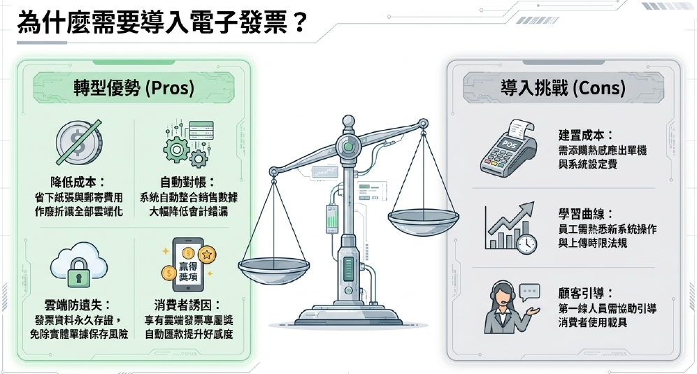 為什麼導入電子發票?
*轉型優勢:降低成本、自動對帳、雲端防遺失、消費者誘因
*導入挑戰:建置成本、學習曲線、顧客引導